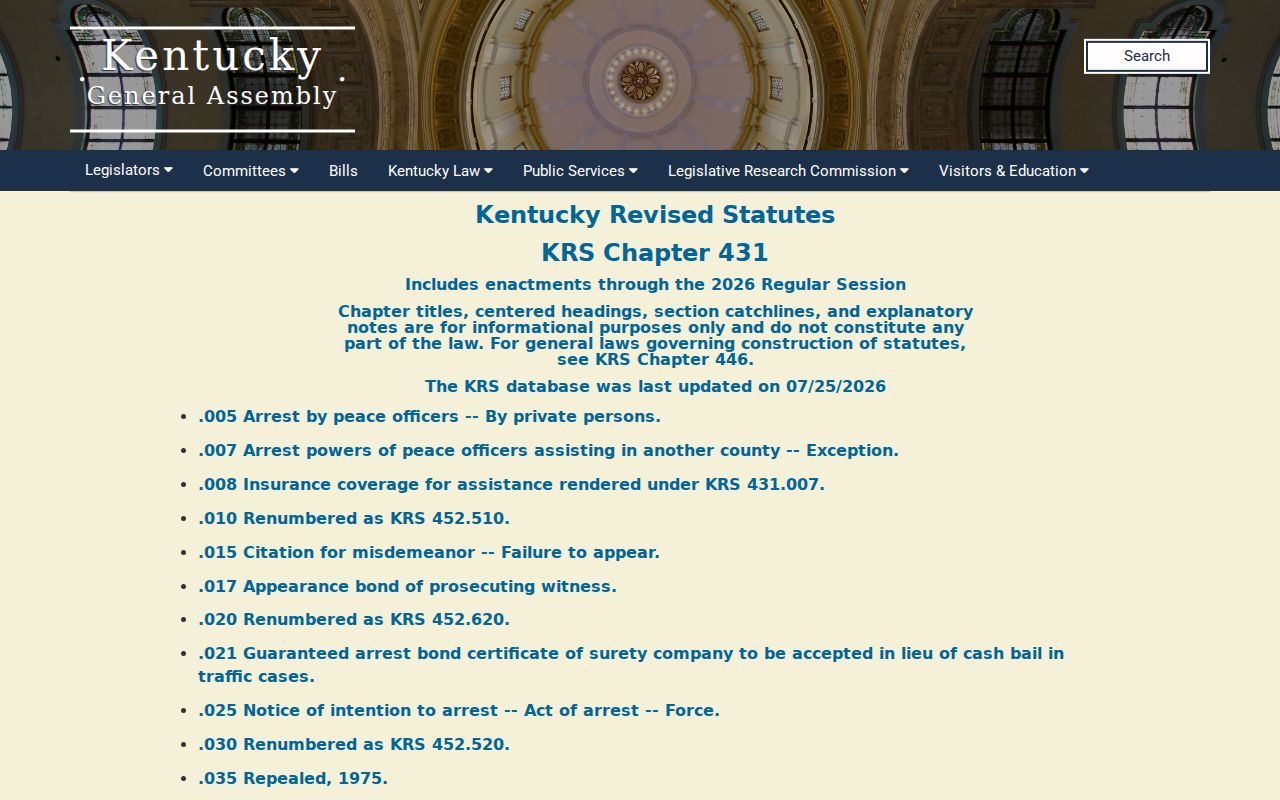 Kentucky statutes used to interpret Blaine arrest and court records