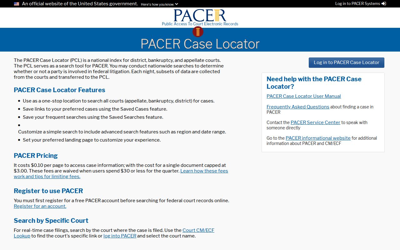 PACER Case Locator fields for a federal Blaine record search